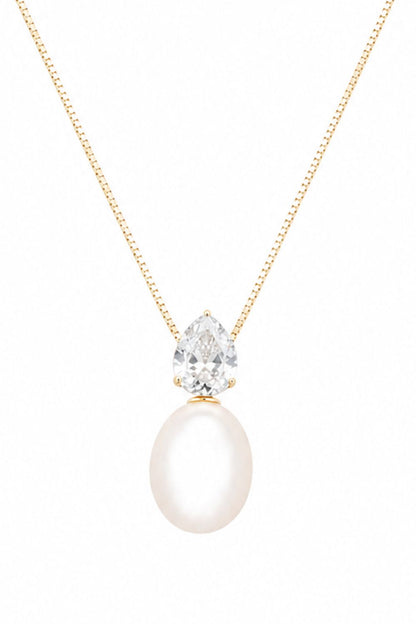 18K gold plated necklace with pear cut zirconia and faux pearl | Mothers Pearl elegant statement jewelry for women