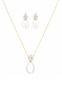 The Mothers Pearl | 18K Gold Plated Necklace & Earrings with Pear Cut Zirconia & Faux Pearl Set