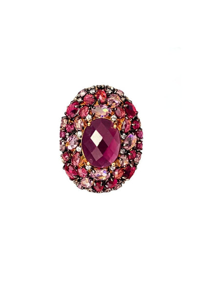 18K gold plated oval red fusion stone cocktail ring | Red Skies At Night statement ring with zirconia halo luxury jewelry