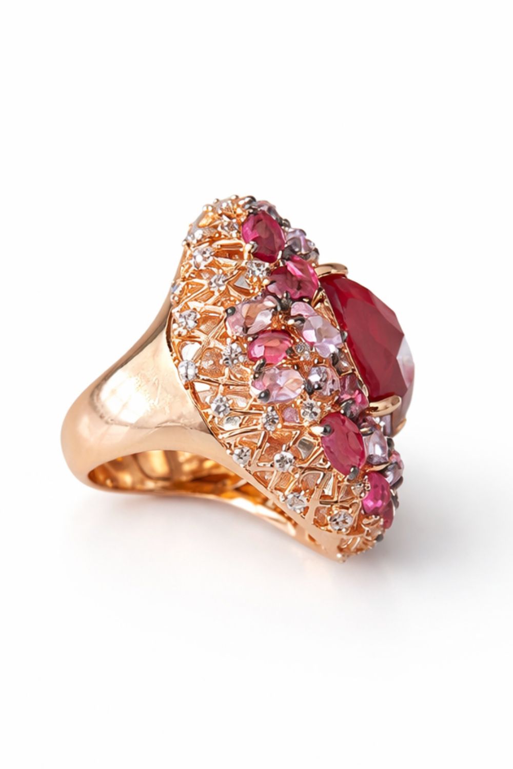 gold cocktail ring with oval red gemstone and multicolor pavé zirconia halo luxury jewelry detail design