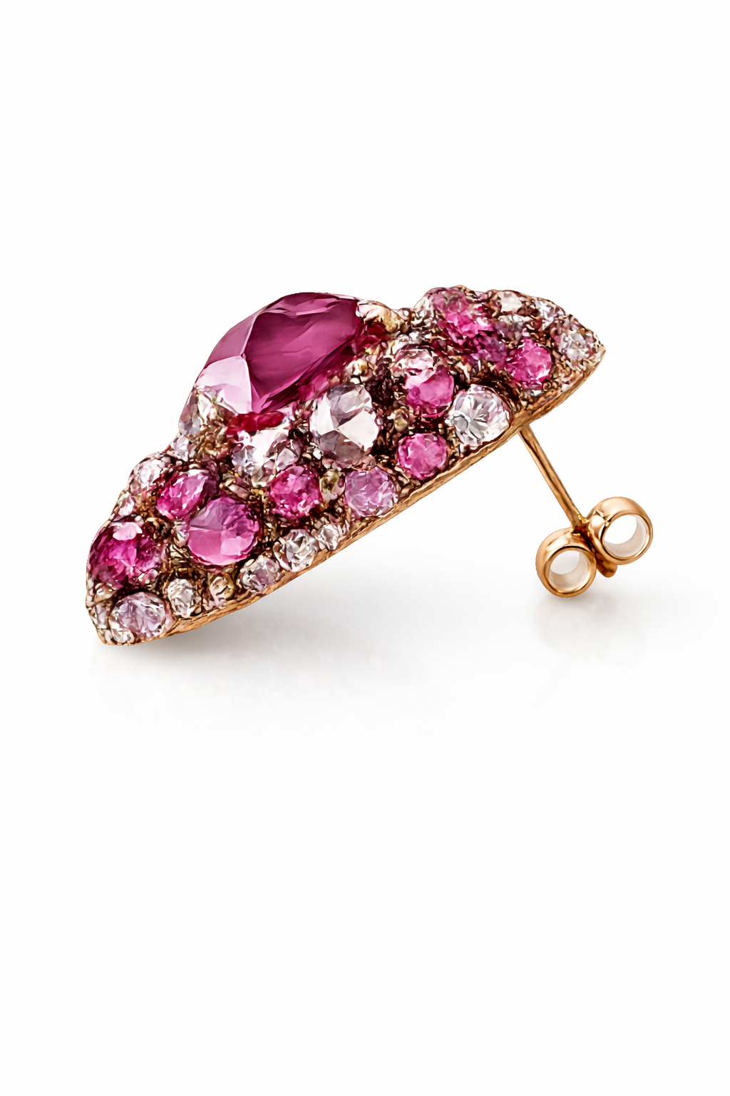 gold cocktail ring with oval red gemstone and multicolor pavé zirconia halo luxury jewelry detail