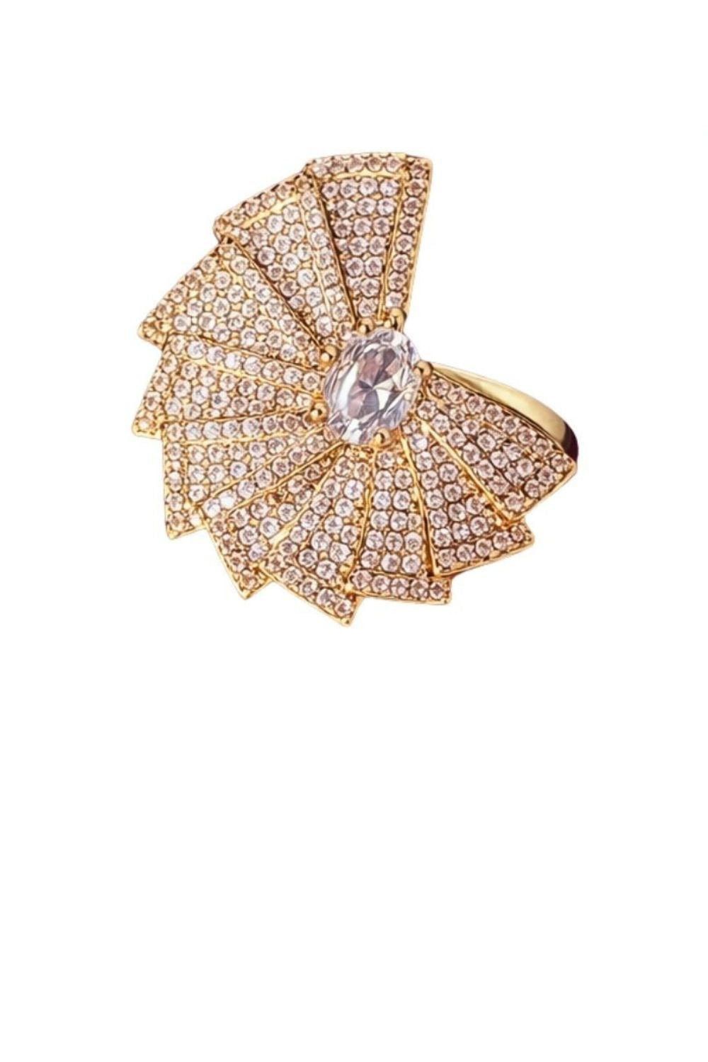 18K gold plated fan shaped statement ring with large center zirconia stone luxury cocktail ring for women