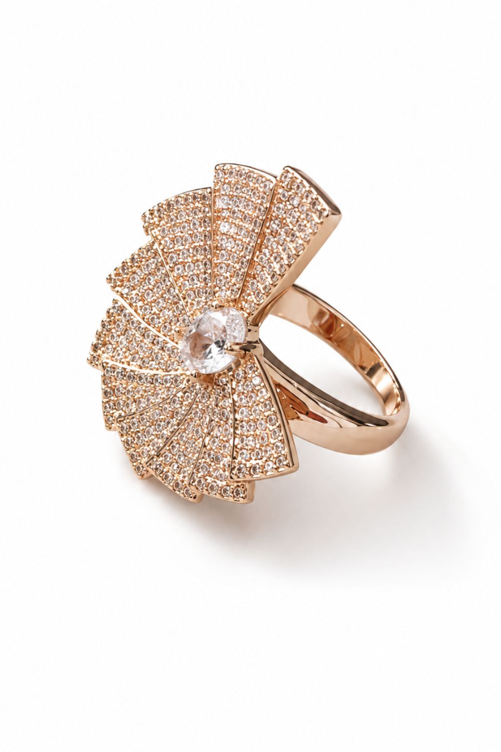 pavé zirconia gold ring layered fan design high sparkle statement jewelry close up
