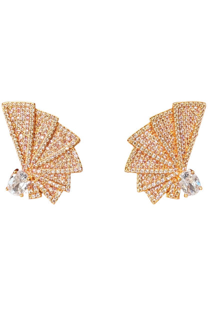 18K gold plated fan shaped zirconia statement earrings with center stone luxury stud earrings for women