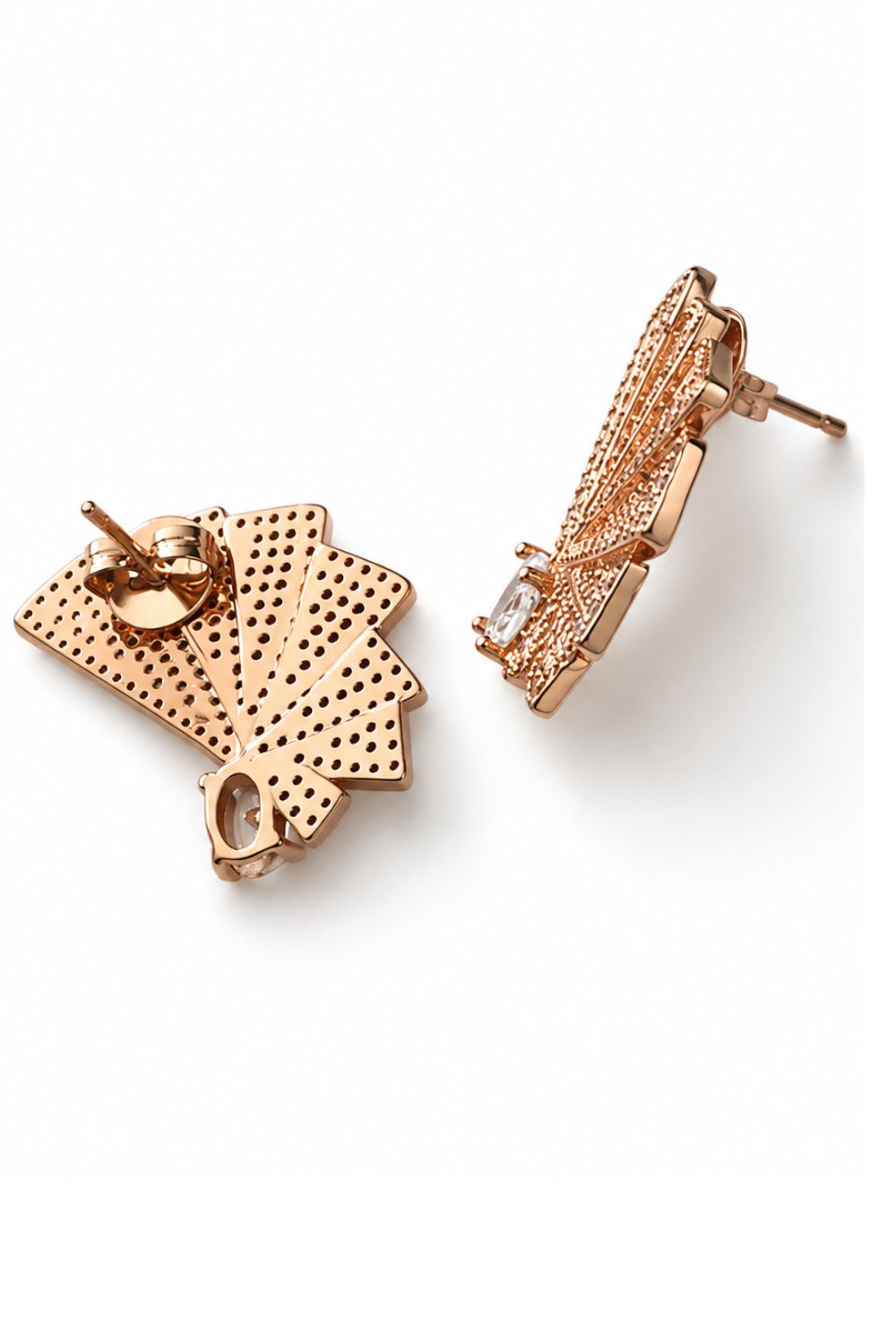 sculptural fan shaped gold earrings with zirconia stones modern architectural statement earrings
