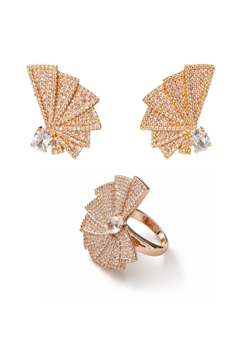 The Opening Statement | 18K Gold Plated &amp; Pave Zirconia Fan Earrings &amp; Ring Set with Zirconia Center Stone