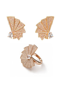 The Opening Statement | 18K Gold Plated & Pave Zirconia Fan Earrings & Ring Set with Zirconia Center Stone
