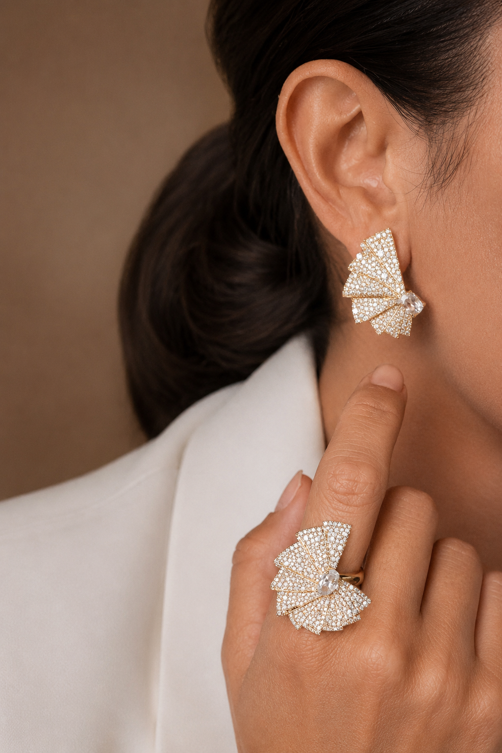 The Opening Statement | 18K Gold Plated &amp; Pave Zirconia Fan Earrings &amp; Ring Set with Zirconia Center Stone