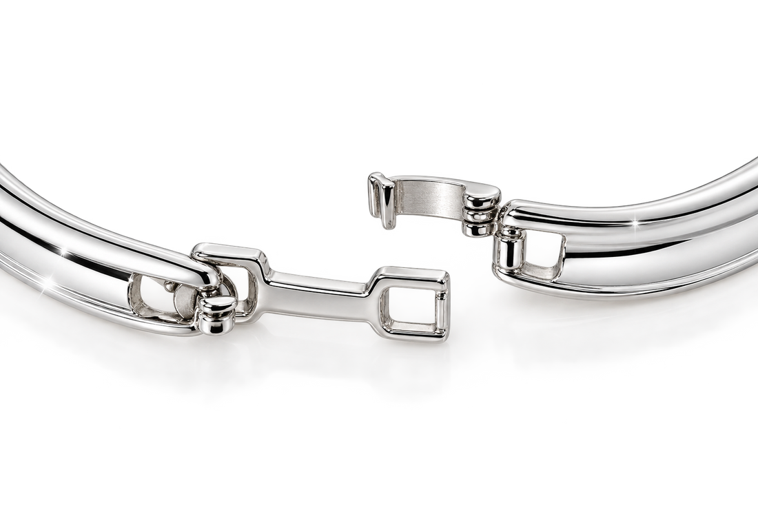 White Rhodium statement necklace close up showing polished hinged clasp and secure closure mechanism