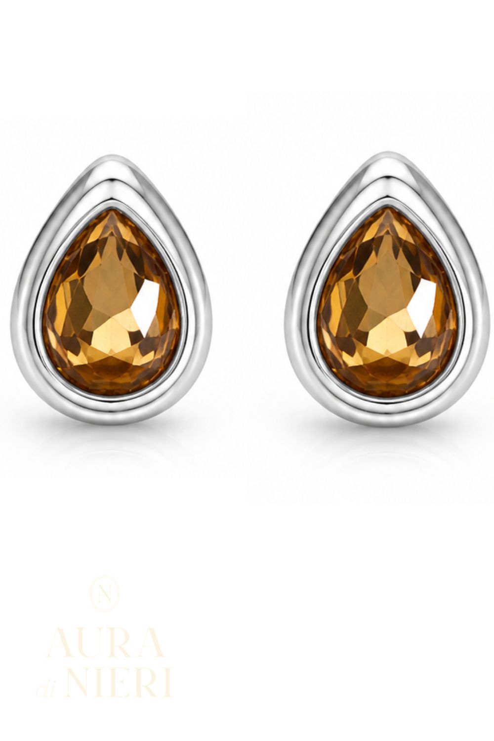Citrine Zirconia statement earrings with golden amber teardrop stones framed in polished White Rhodium