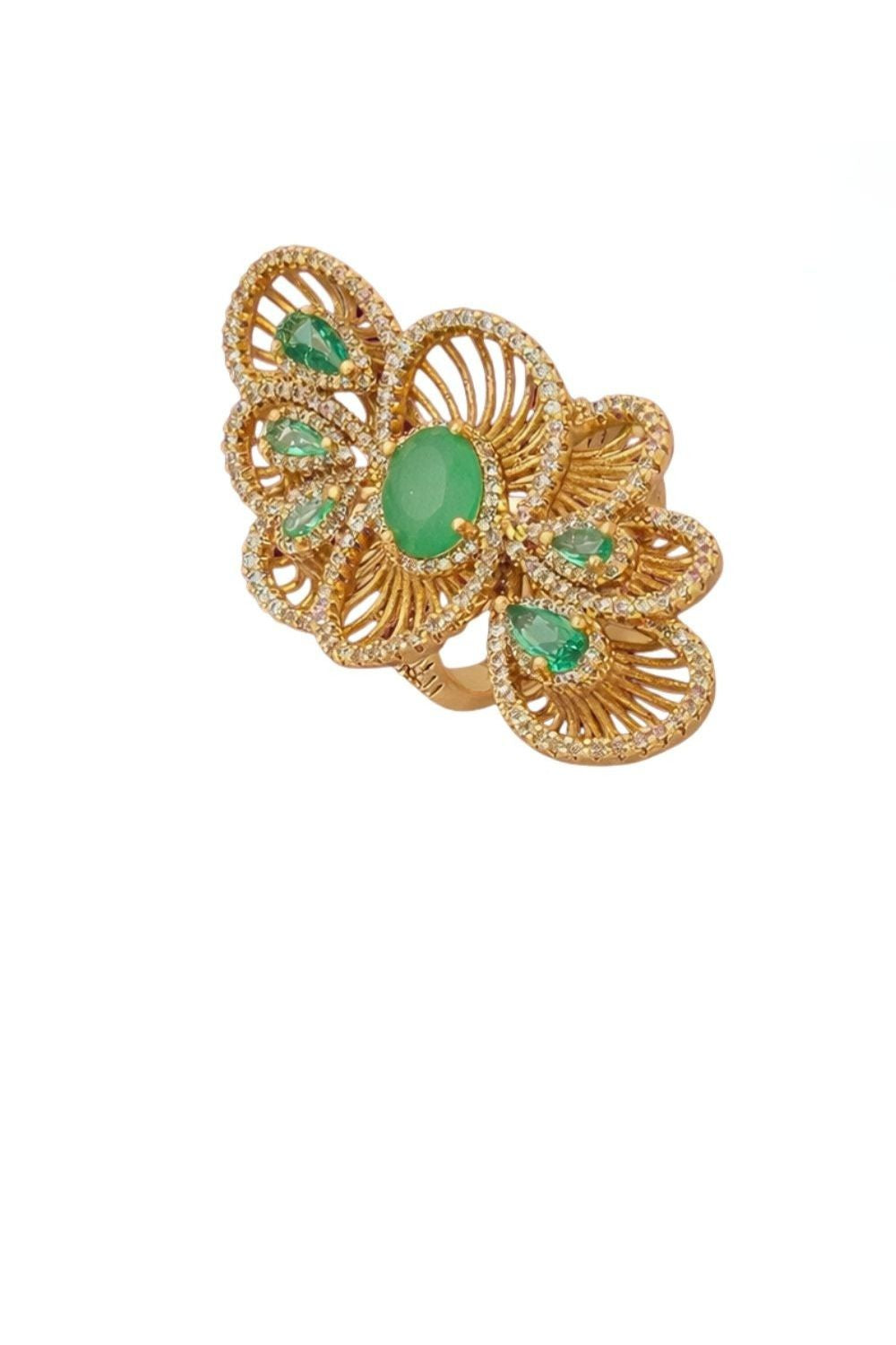 18K gold plated filigree statement ring with vivid green Tourmaline Fusion Stones and sparkling zirconia