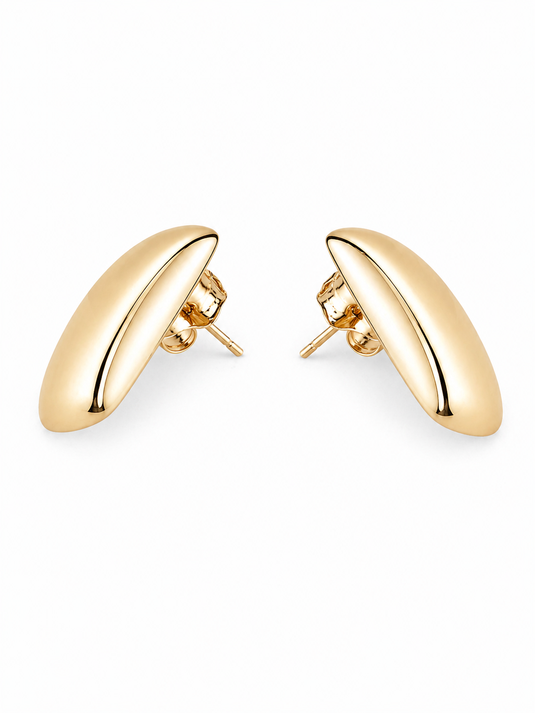 gold frame stud earrings with polished sculptural design high shine luxury jewelry detail
