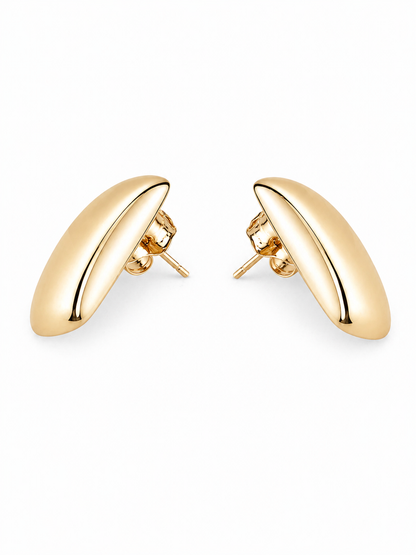 gold frame stud earrings with polished sculptural design high shine luxury jewelry detail